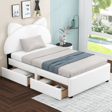 Euroco Upholstered Full Cartoon Bed with 2 Drawers Platform for Kids Teens, White