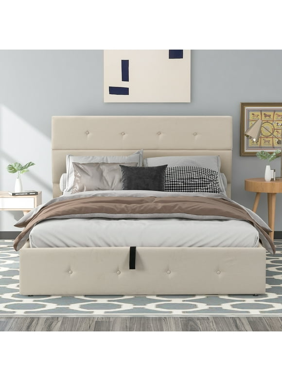Euroco Upholstered Full Size Lift Up Bed, Platform Bed with Headboard, Hydraulic Underneath Storage, , No Box Spring Needed & Easy Assembly, Beige