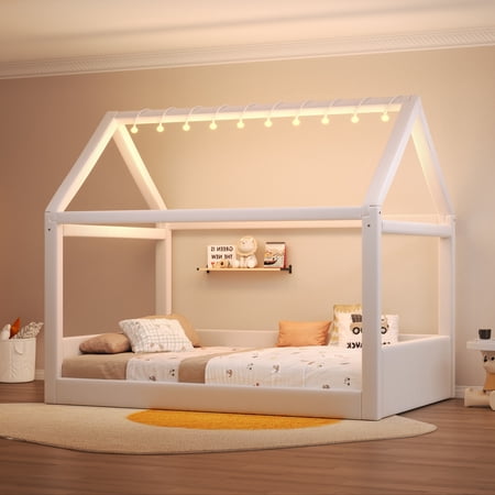 Euroco Upholstered Full Size Platform Bed, House Canopy Bed with LED Light Strip, Beige