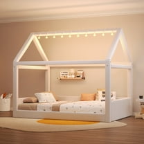 Euroco Upholstered Full Size Platform Bed, House Canopy Bed with LED Light Strip, Beige