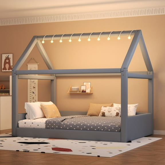 Euroco Upholstered Full Size Platform Bed, House Canopy Bed with LED Light Strip, Grey