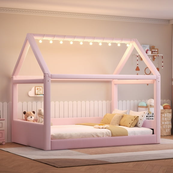 Euroco Upholstered Full Size Platform Bed, House Canopy Bed with LED Light Strip, Pink
