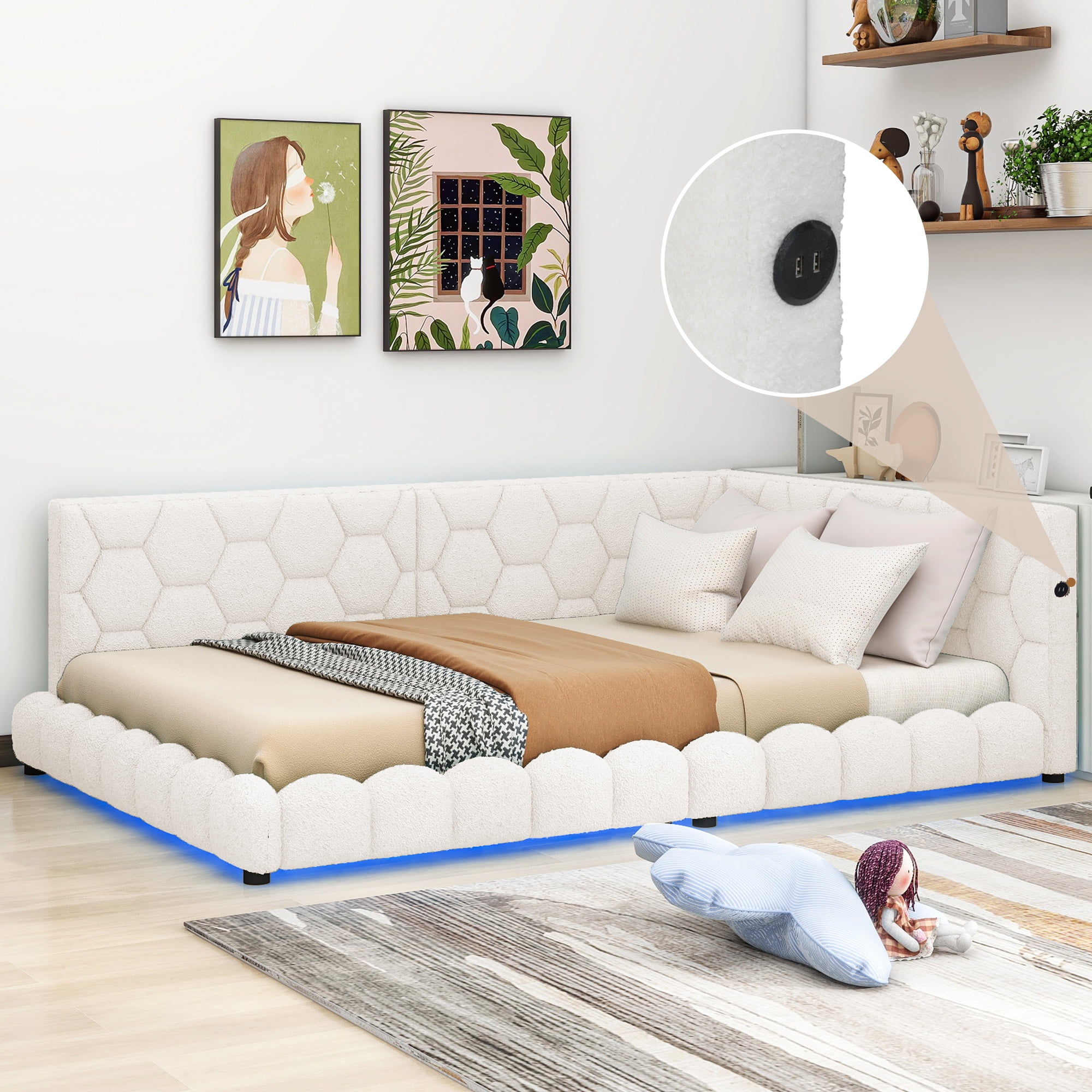 Euroco Upholstered Full Size Platform Bed, Low Profile Daybed with USB