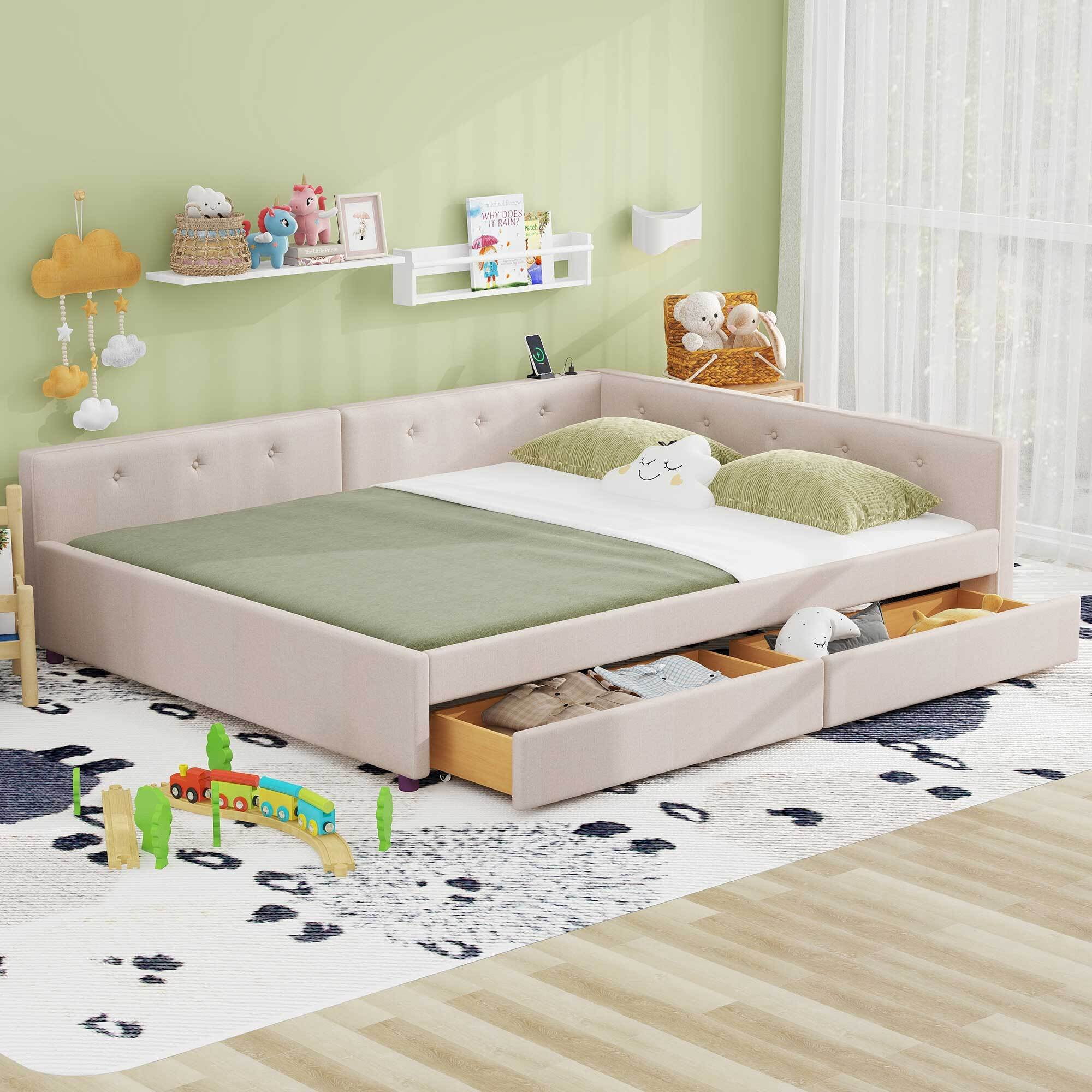 Euroco Upholstered Queen Size Platform Bed with 2 Storage Drawers for Kids Teens, Beige