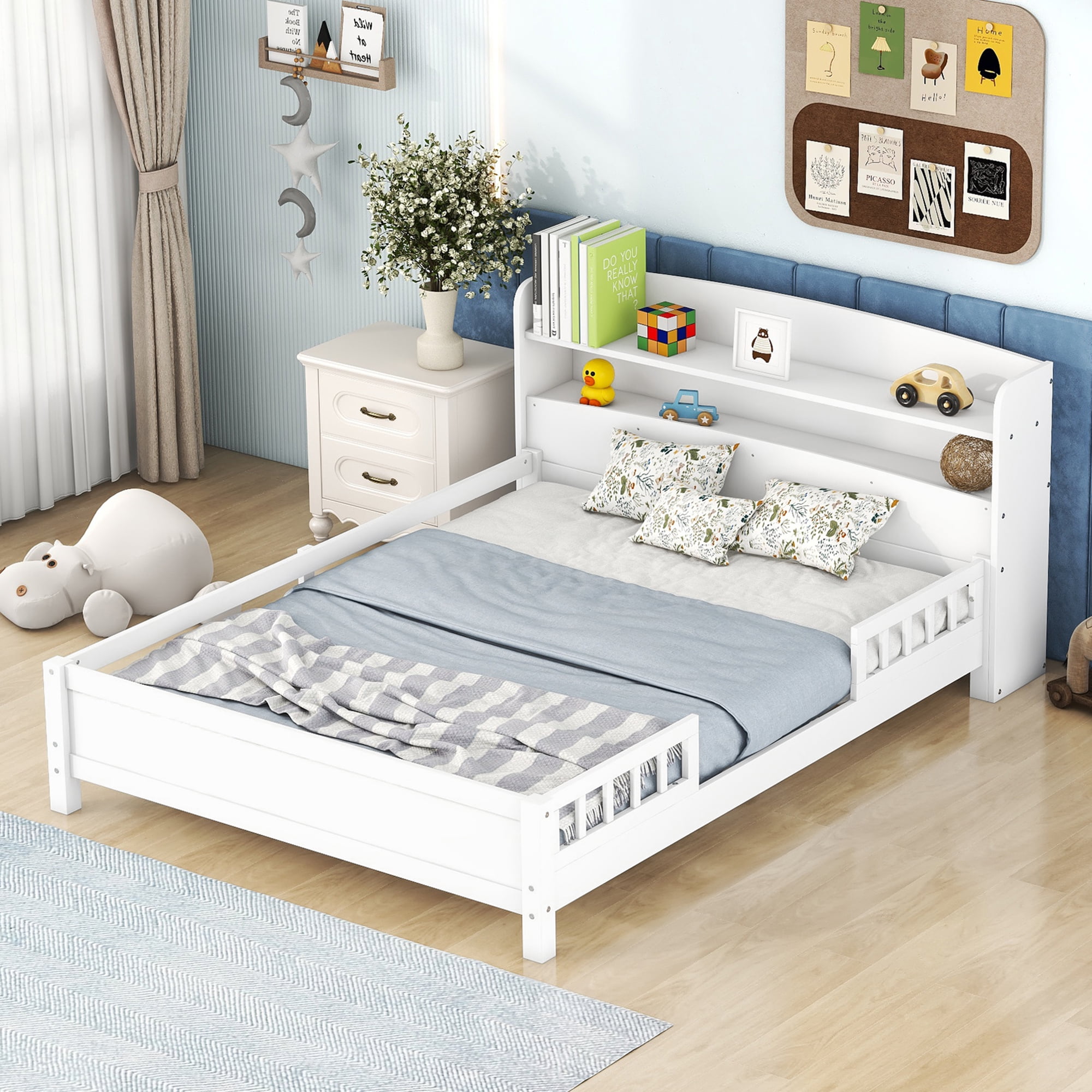Euroco Wood Full Size Platform Bed with Storage Headboard and LED Light, White