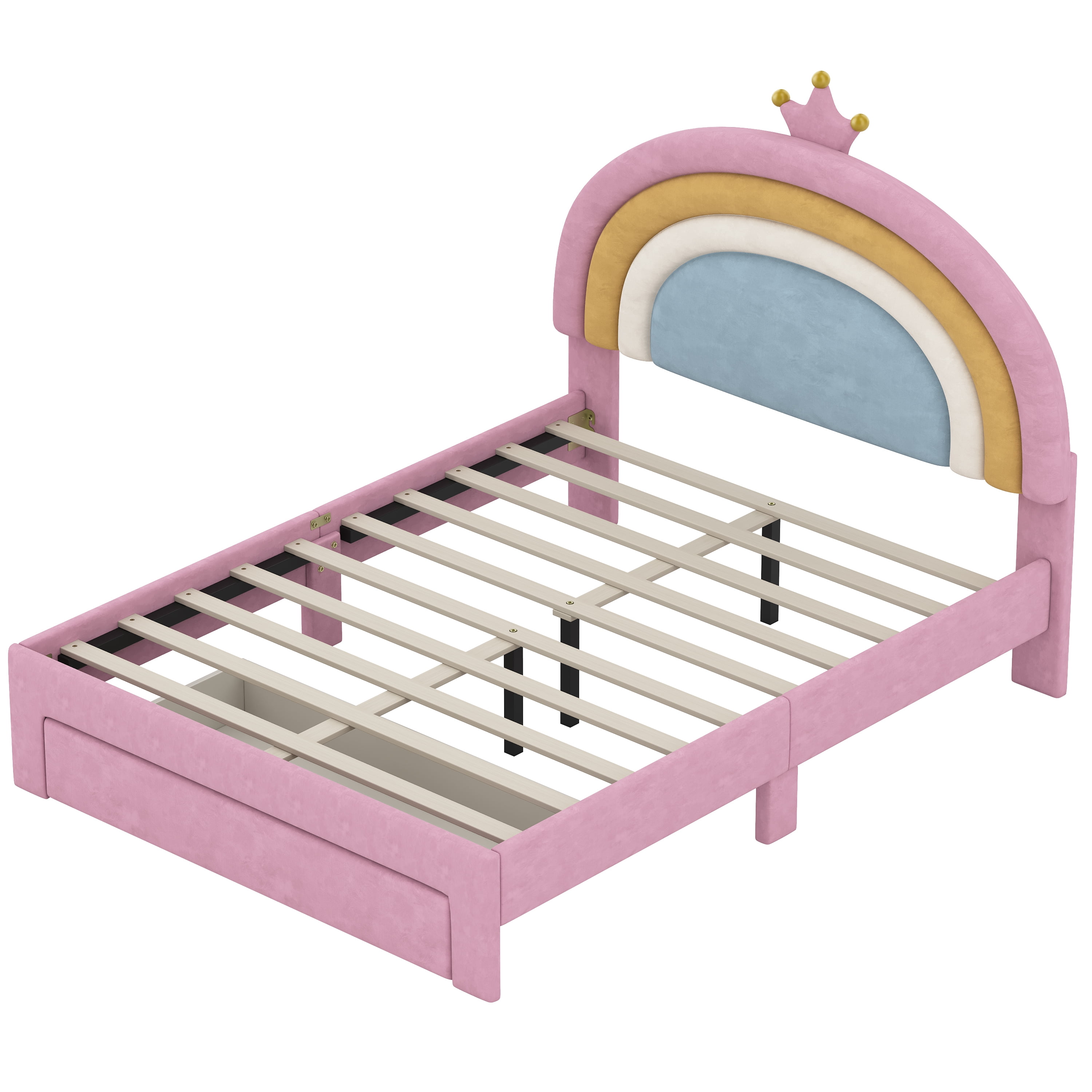 Euroco Upholstered Full Size Platform Bed with Drawer, PU Leather Princess Bed with Crown