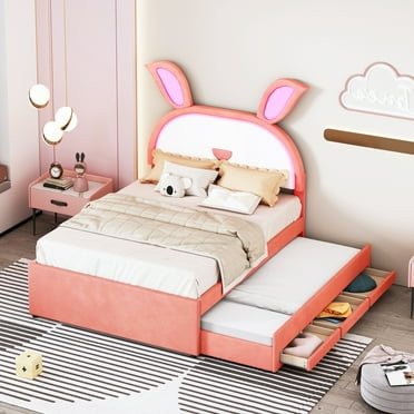 Euroco Upholstered Full Size Platform Bed with LED Light, Cartoon Bed with Drawers and Trundle