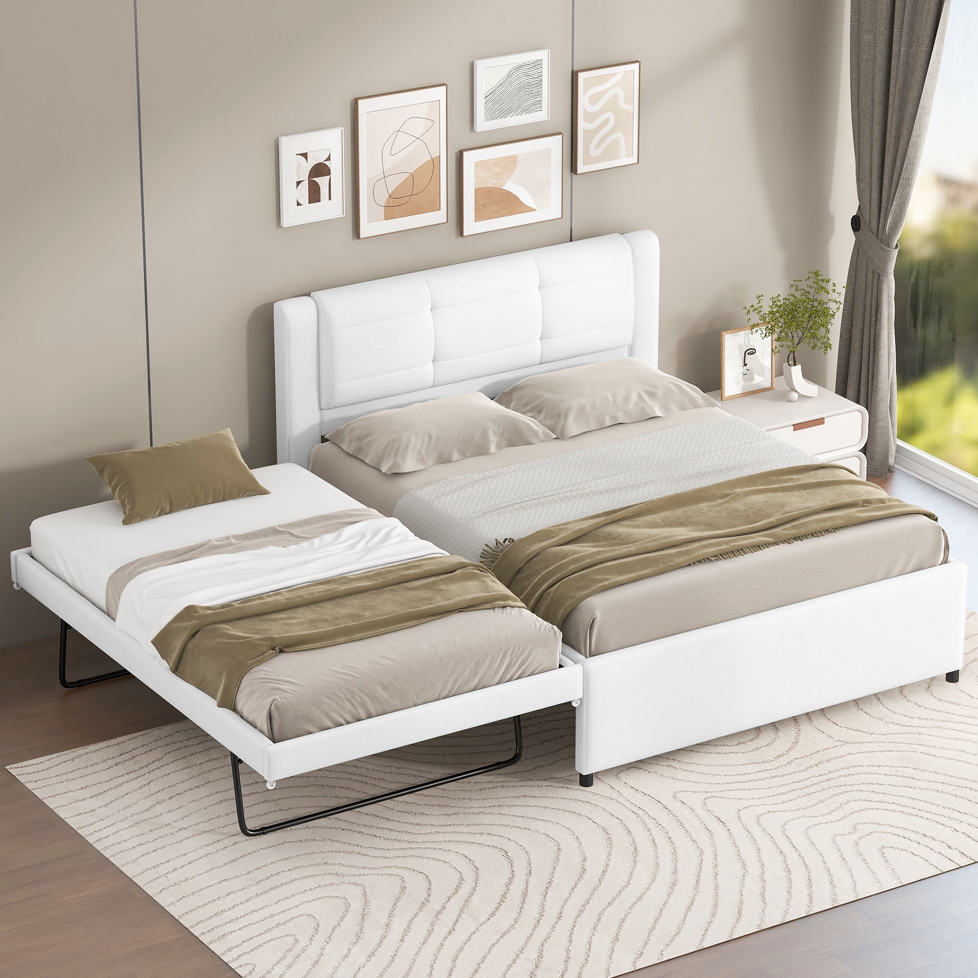 Euroco Upholstered Full Platform Bed with Pop-up Twin Trundle for Kids Teens Bedroom, 2 Beds in One, Beige