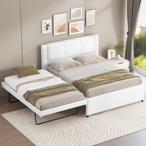 Euroco Upholstered Full Platform Bed with Pop-up Twin Trundle for Kids Teens Bedroom, 2 Beds in One, Beige