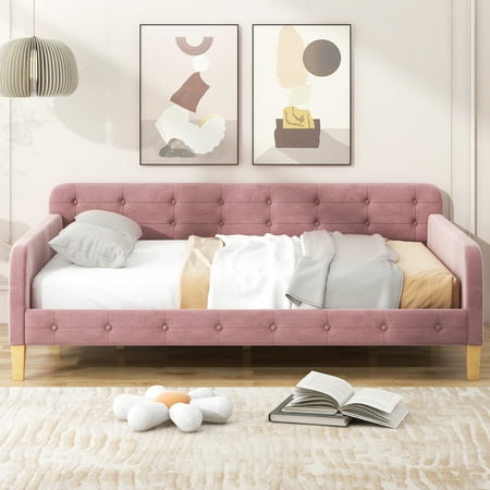 Euroco Upholstered Full Size Sofa Bed, Tufted Daybed with Armrest for Living Room, Pink
