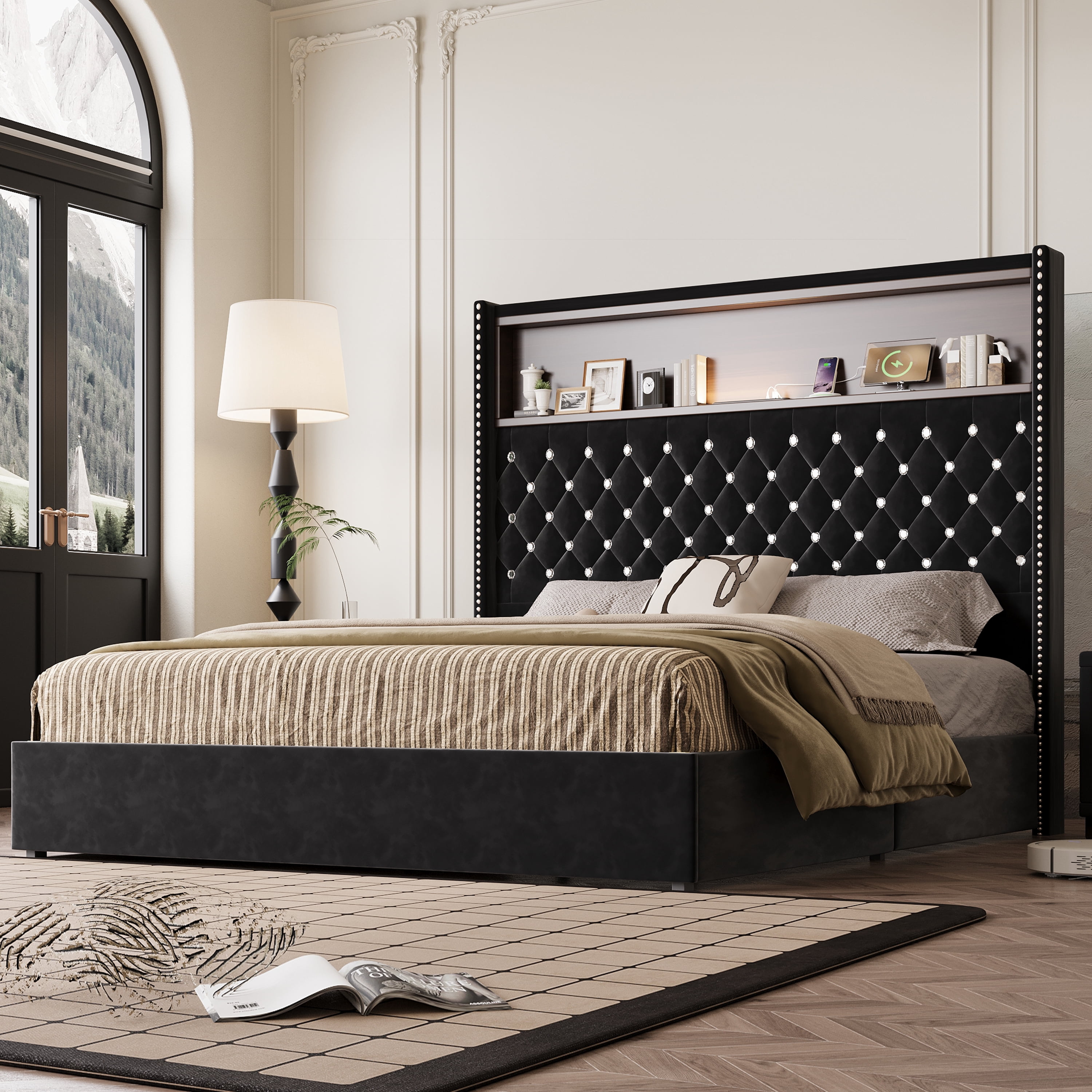 Euroco Upholstered Full Size Tuft Platform Bed with USB Ports and Night Light, Wing Back Headboard with Storage, Black