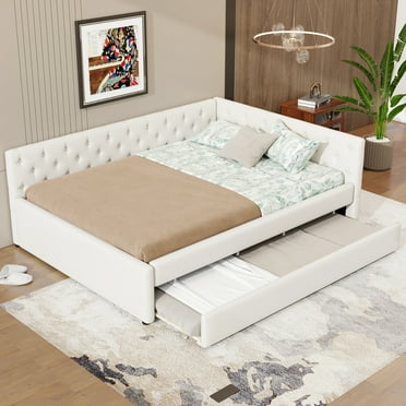 Euroco Upholstered Full XL Daybed with Trundle, Beige