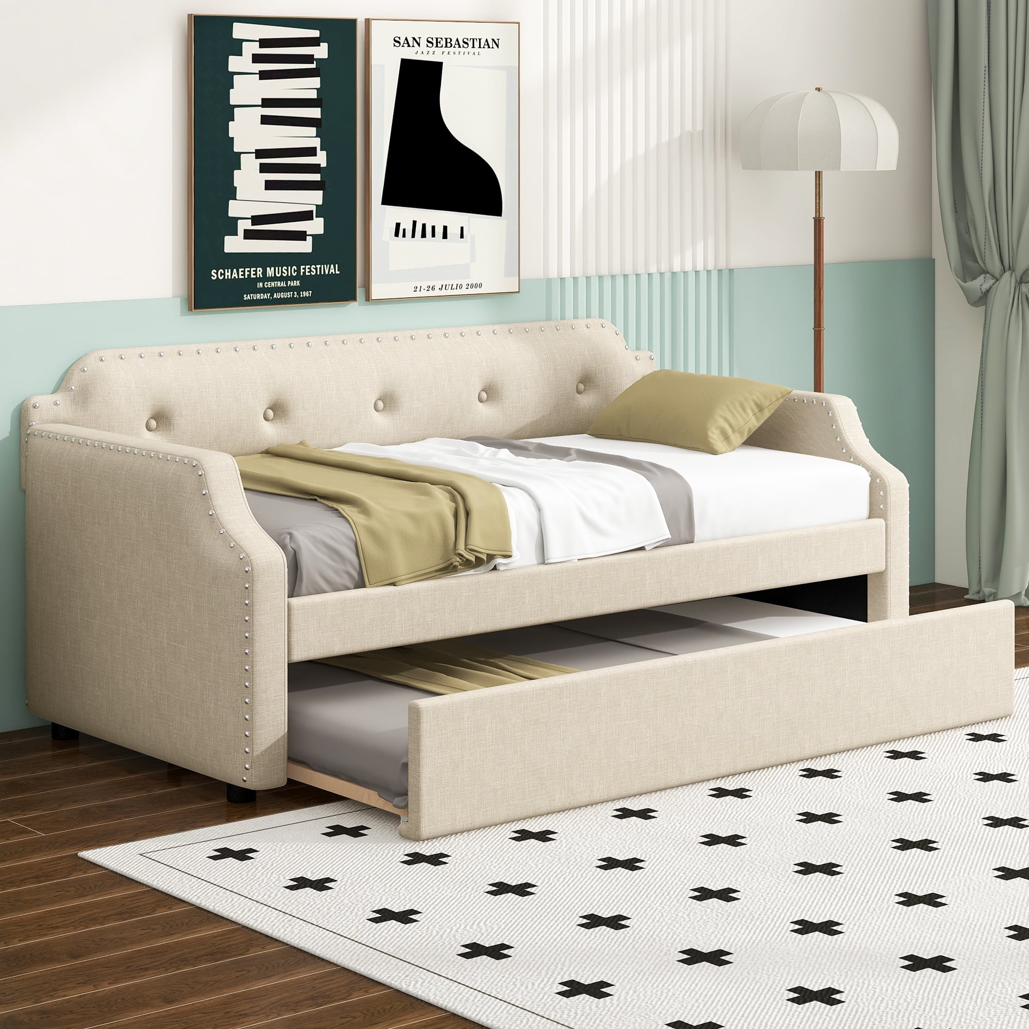Euroco Upholstered Twin Size Daybed with Trundle, Beige