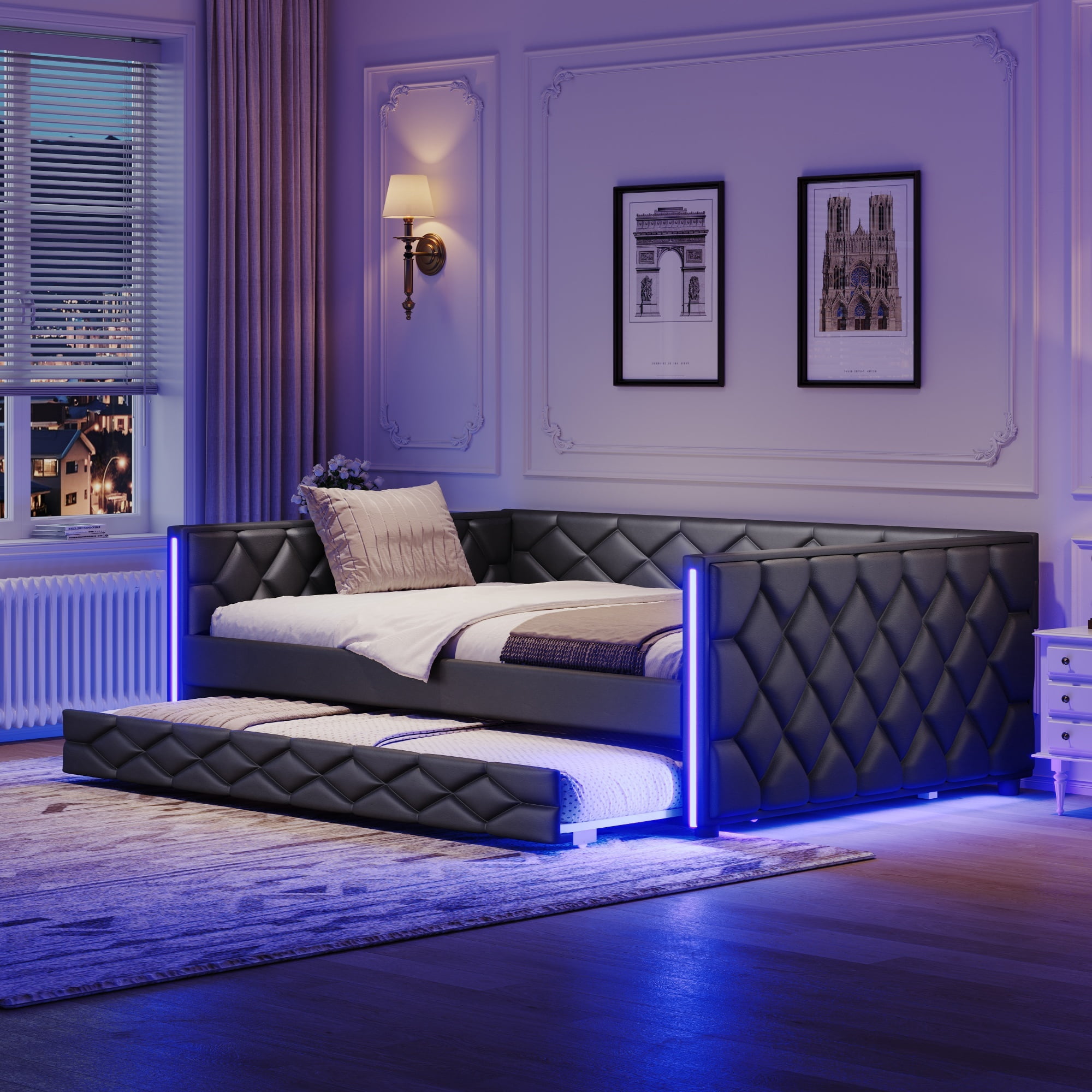 Euroco Upholstered Full XL Daybed with Trundle and LED Light, Black ...
