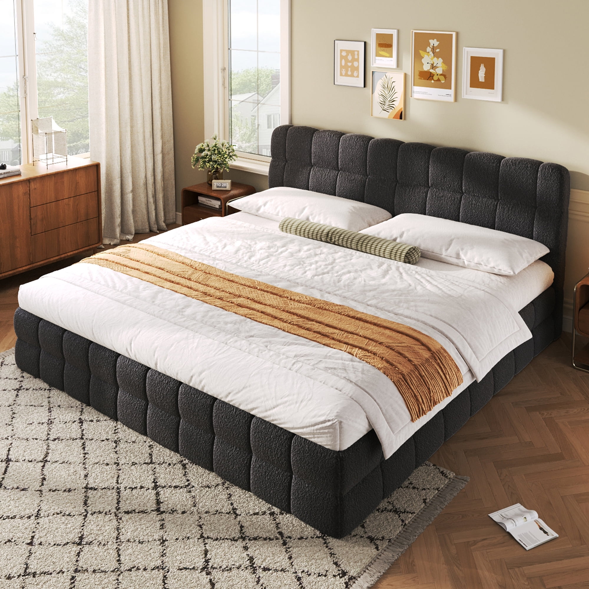 Euroco Upholstered King Size Platform Bed, Black