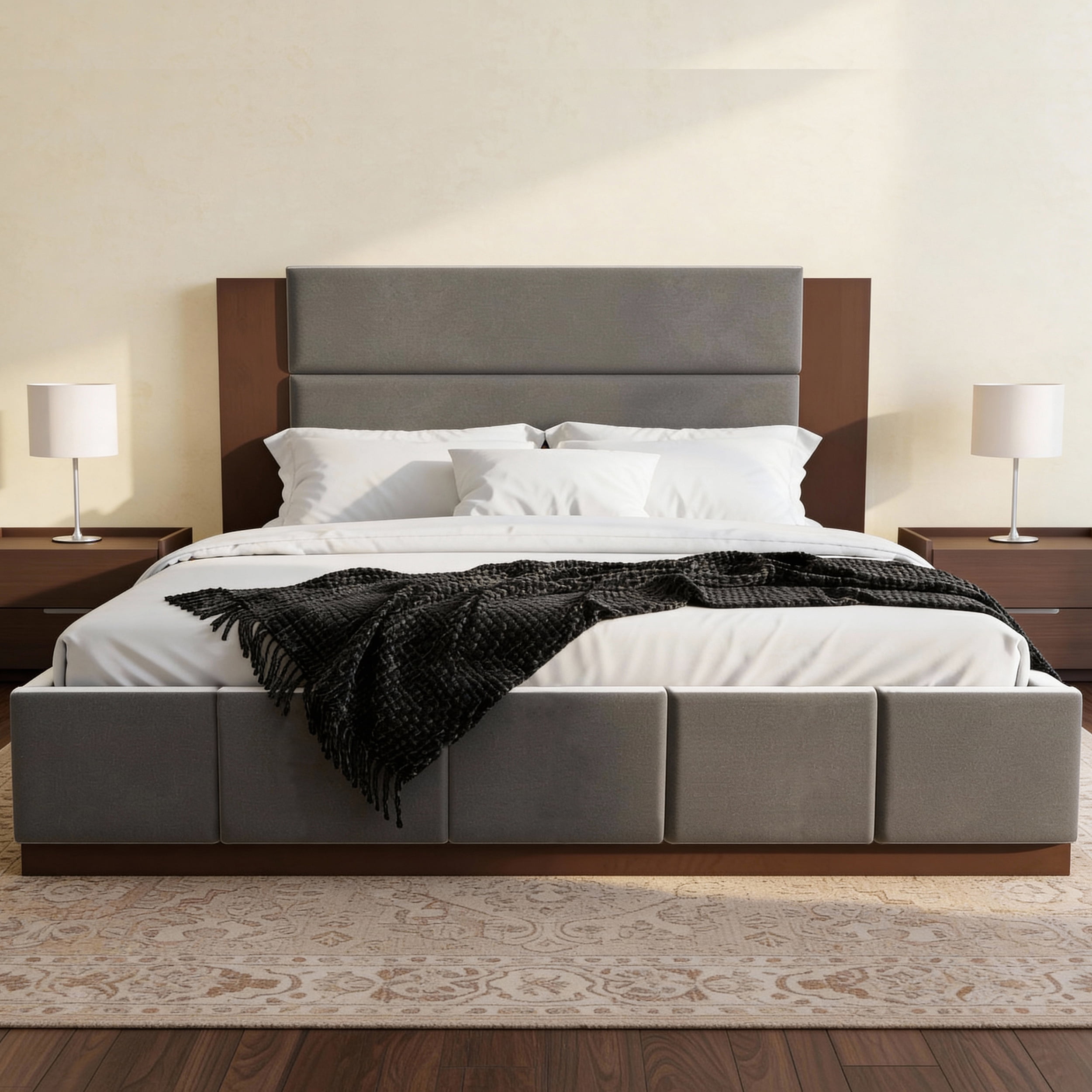 Euroco Upholstered King Size Platform Bed, Velvet Bed with High Wood Headboard, Grey