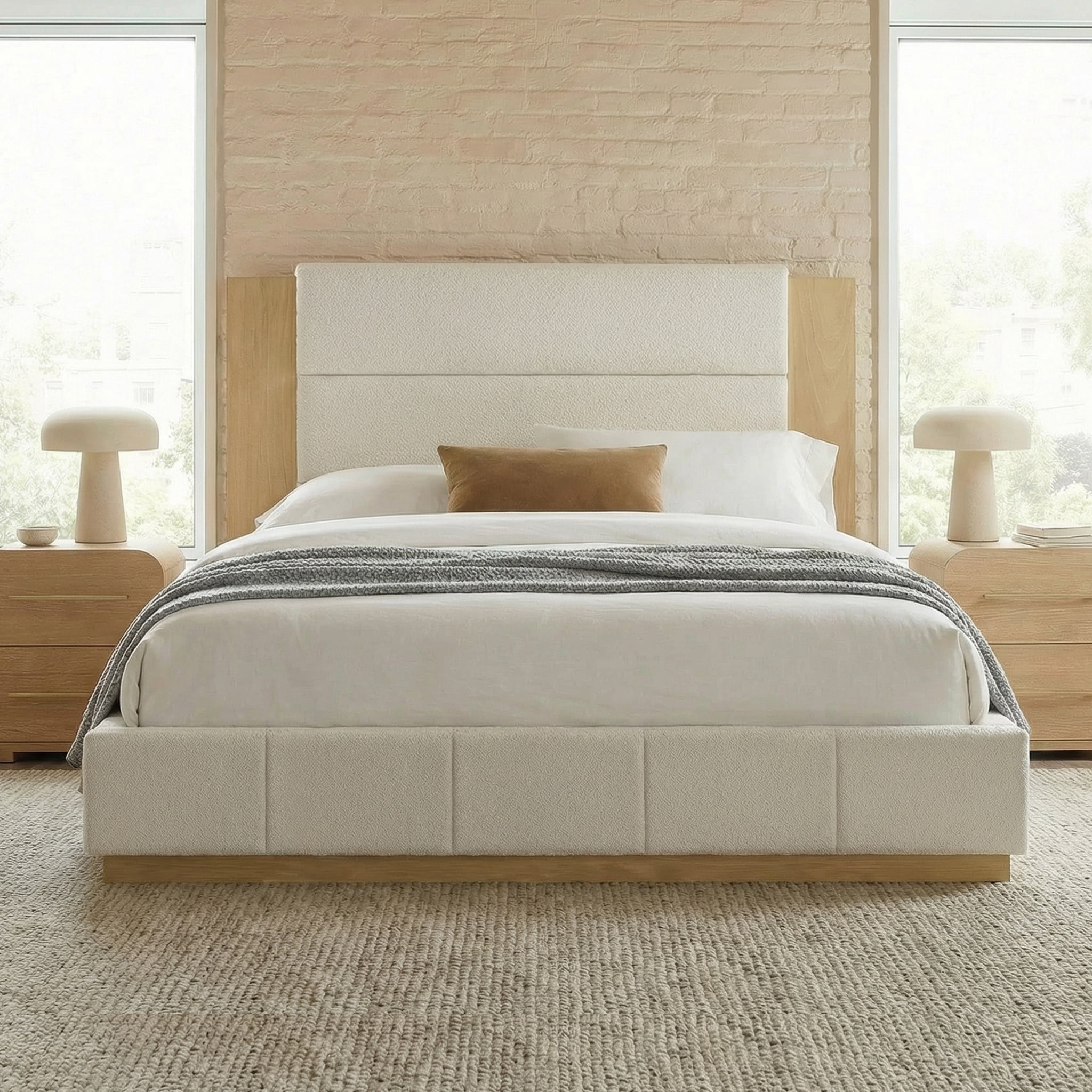 Euroco Upholstered King Size Platform Bed, Velvet Bed with High Wood Headboard, White