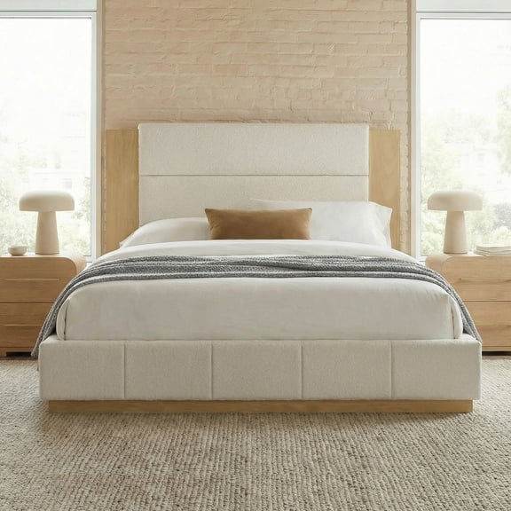 Euroco Upholstered King Size Platform Bed, Velvet Bed with High Wood Headboard, White