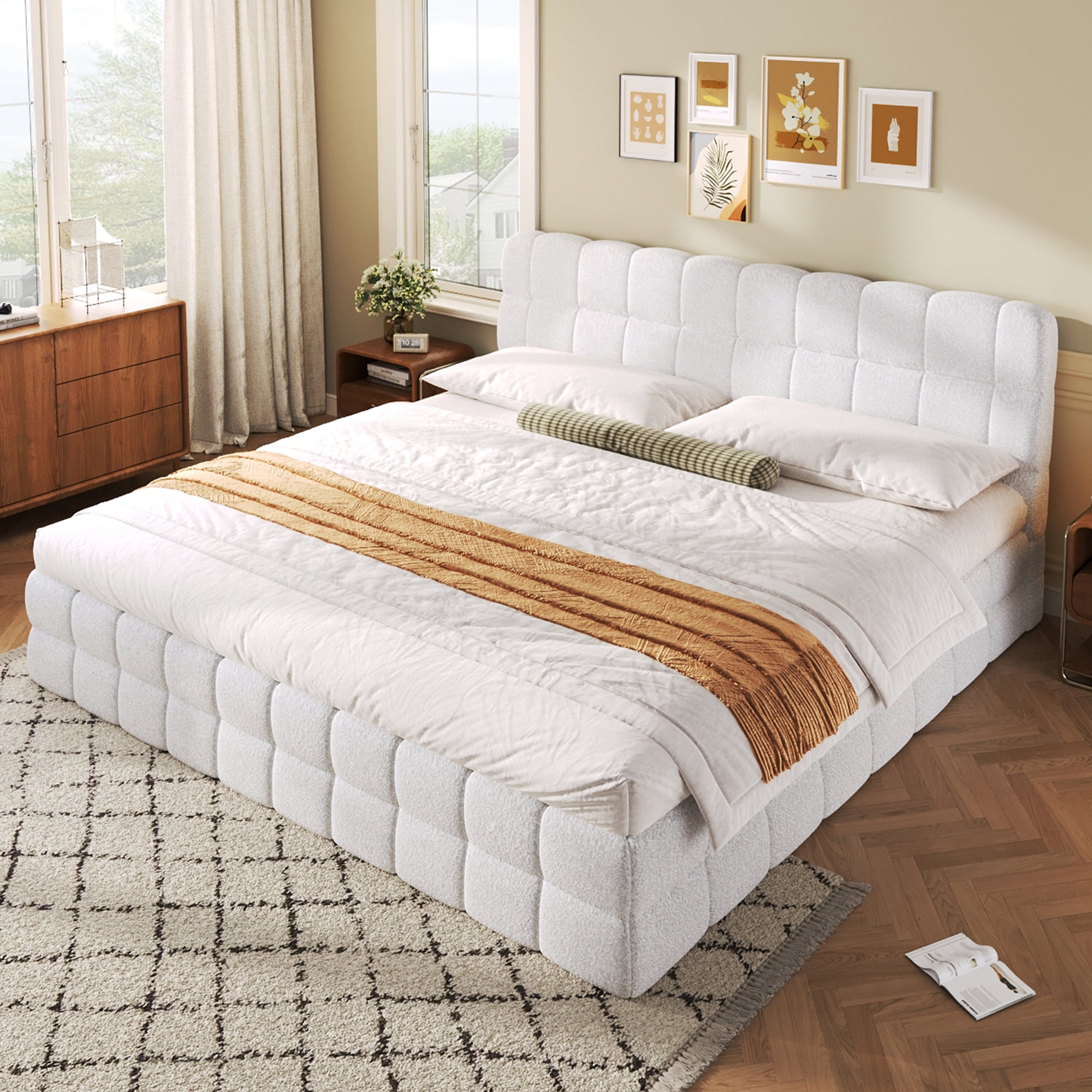 Euroco Upholstered King Size Platform Bed, White