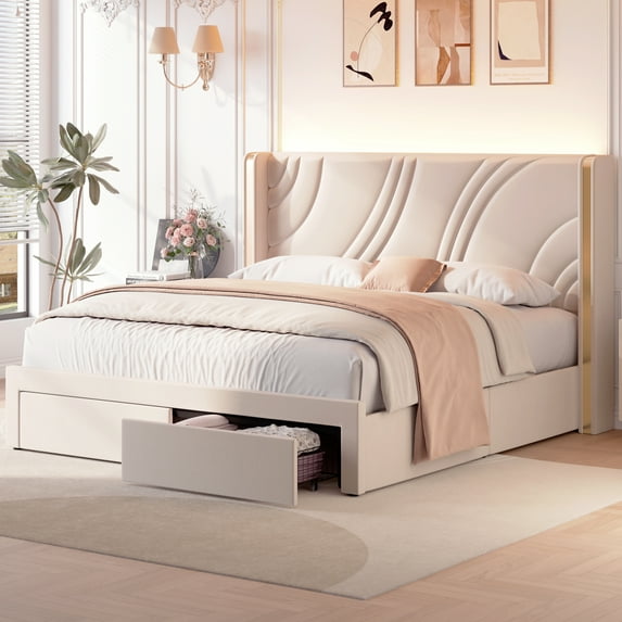 Euroco Upholstered King Size Platform Bed with Drawers, Velvet Bed with Wingback Headboard and RGB Light, Beige