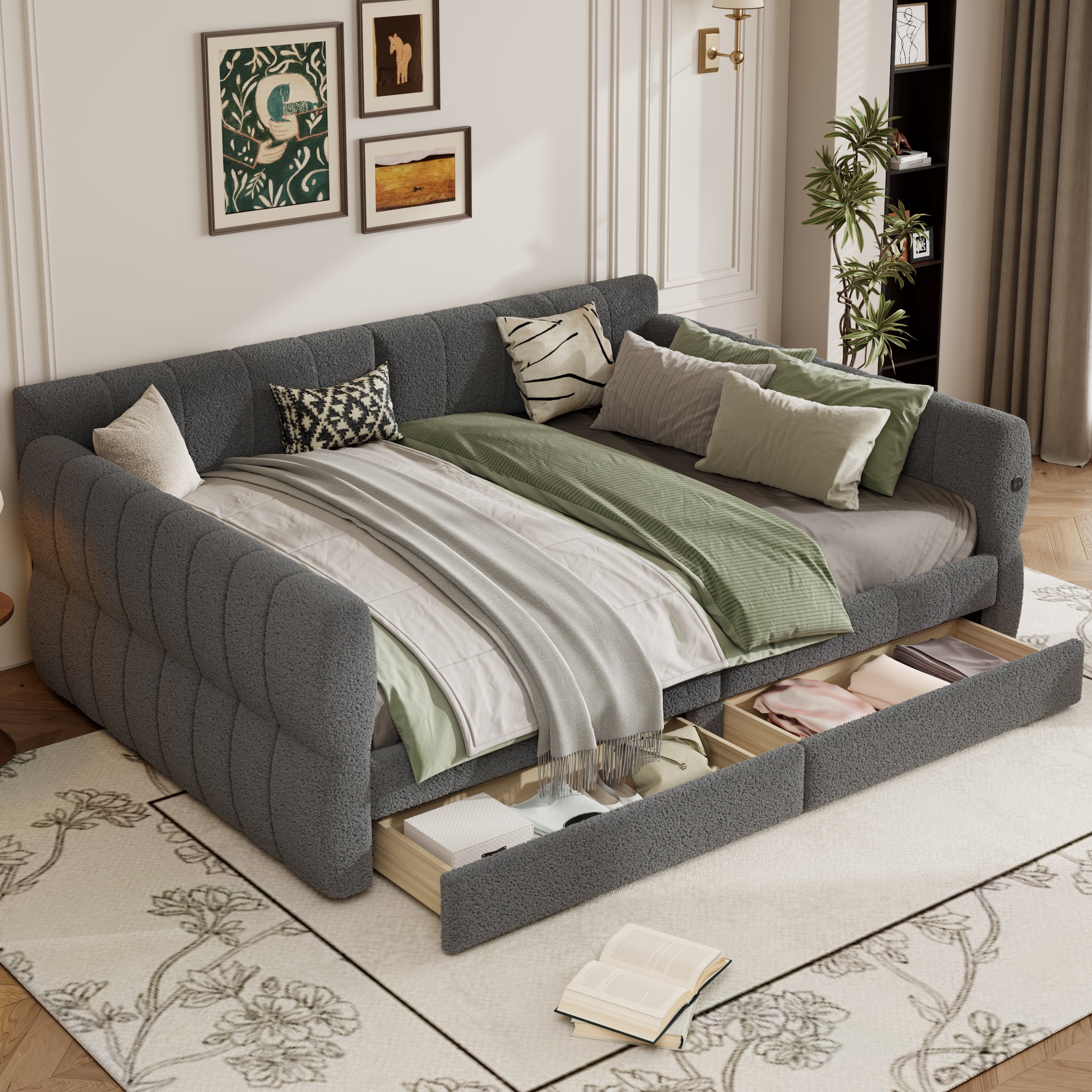 Euroco Upholstered King Size Platform Bed with Drawers and USB Ports, Gray