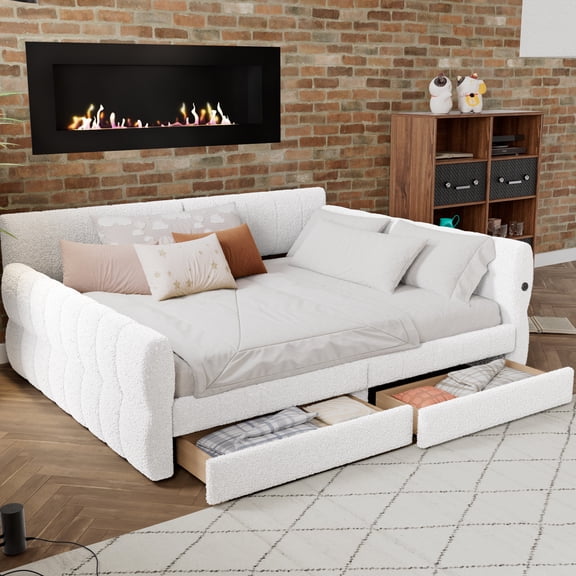 Euroco Upholstered King Size Platform Bed with Drawers and USB Ports, White