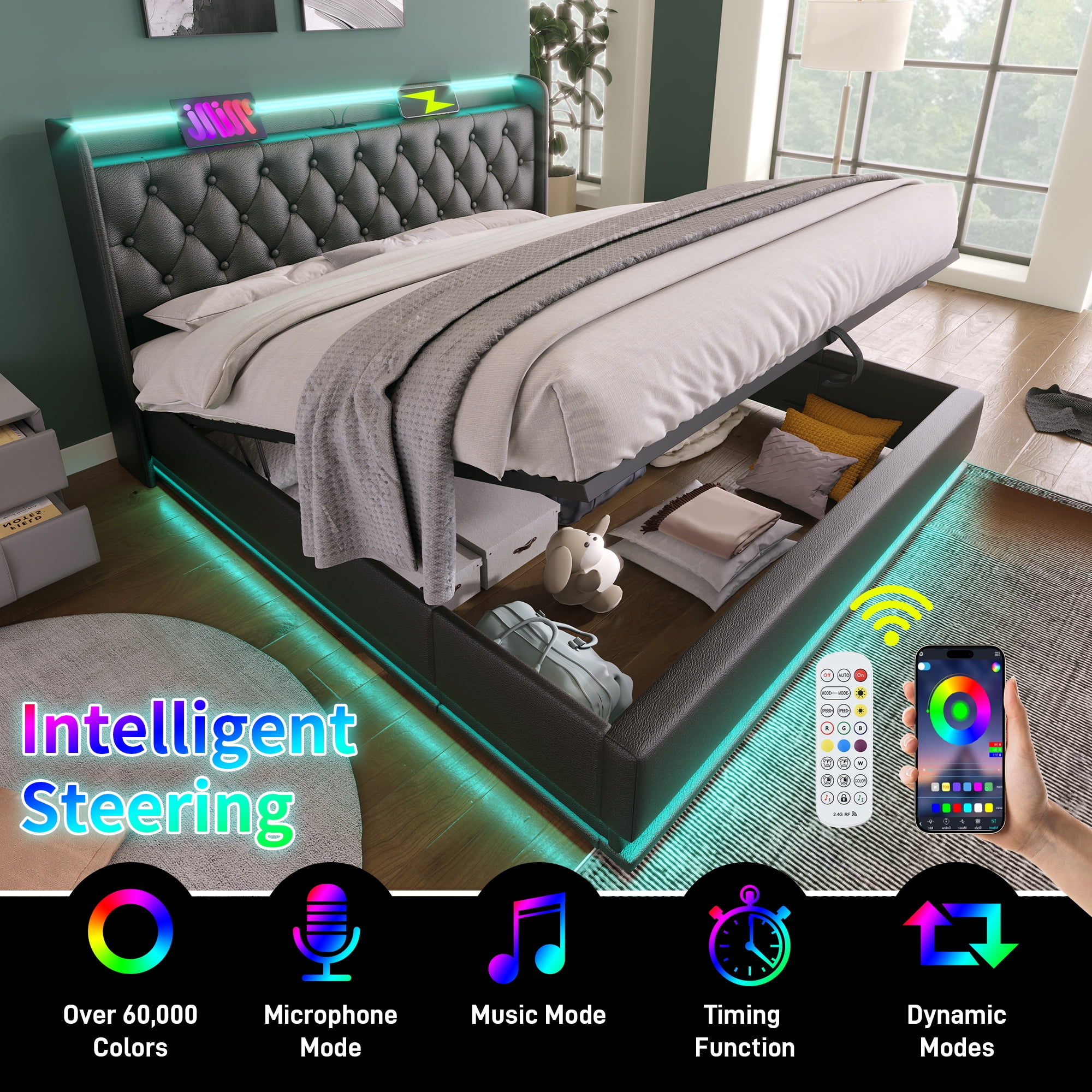 Euroco Upholstered King Size Platform Bed with Hydraulic Storage, 360 Surround LED Light PU Bed with USB Charging Station, Black