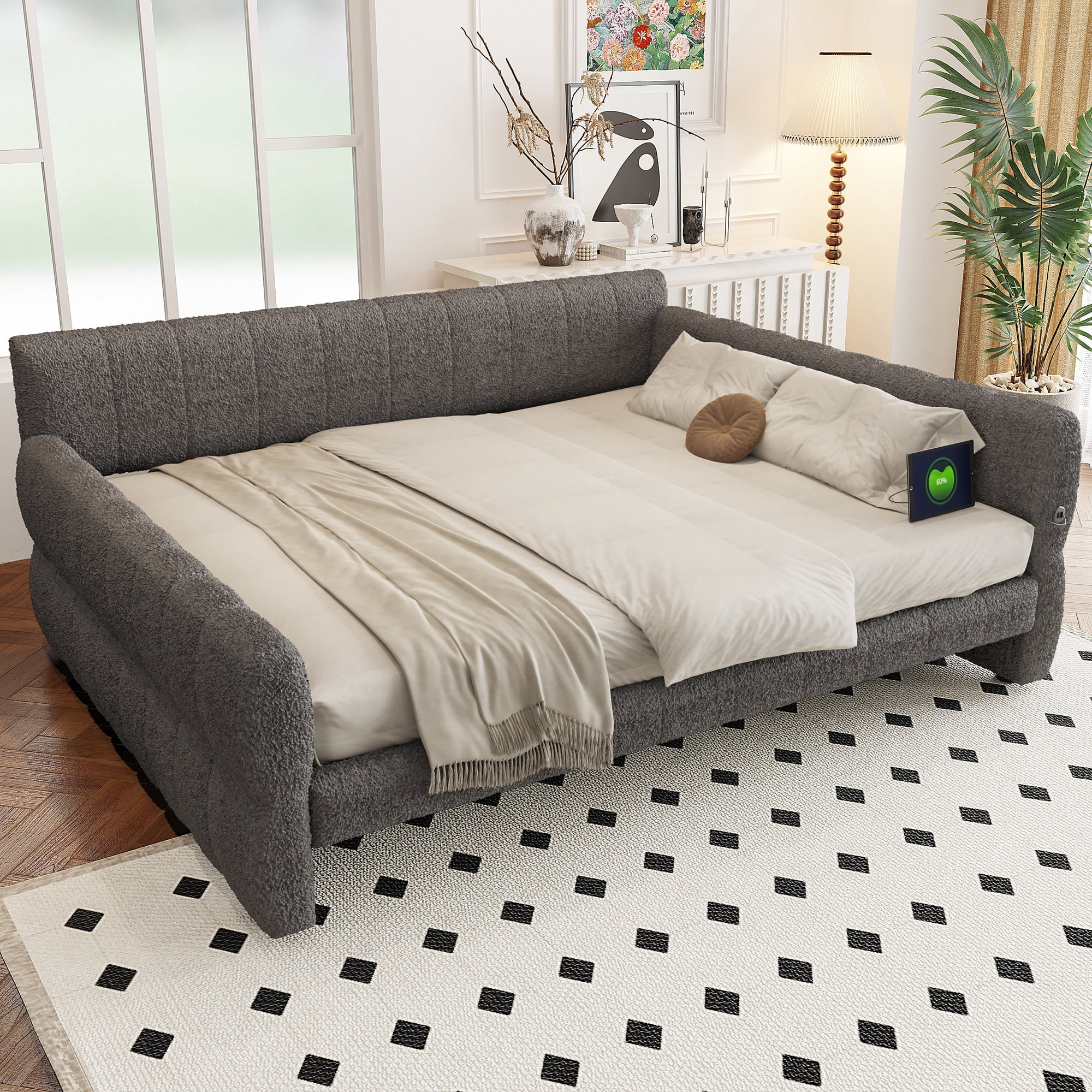 Euroco Upholstered King Size Platform Bed with USB Ports, Gray