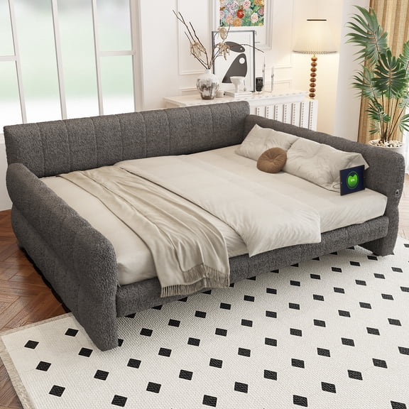 Euroco Upholstered King Size Platform Bed with USB Ports, Gray