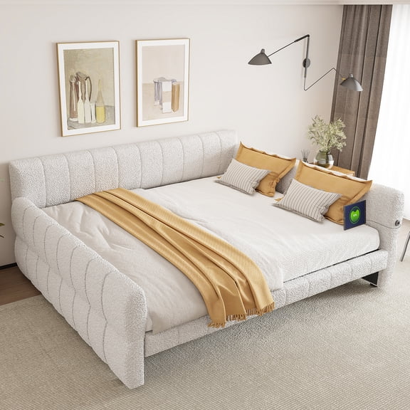 Euroco Upholstered King Size Platform Bed with USB Ports, White