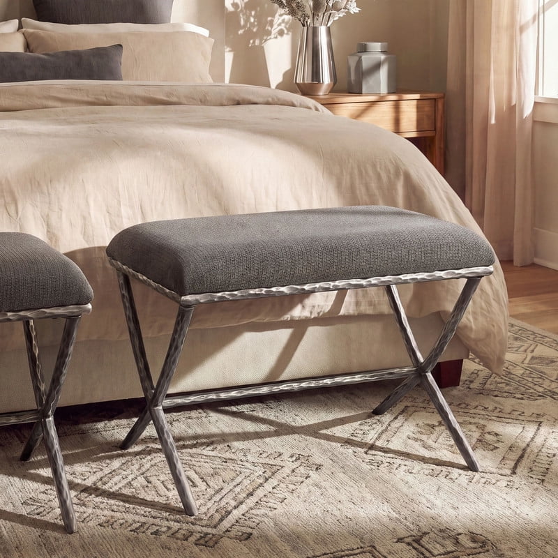 Euroco Upholstered Ottoman Bench,Modern Footrest with Hammered Metal Legs & X-Base for Living Room Bedroom,Gray