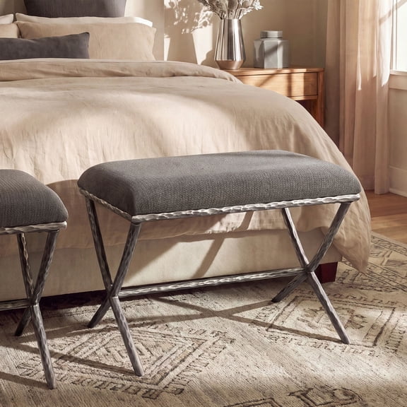Euroco Upholstered Ottoman Bench,Modern Footrest with Hammered Metal Legs & X-Base for Living Room Bedroom,Gray