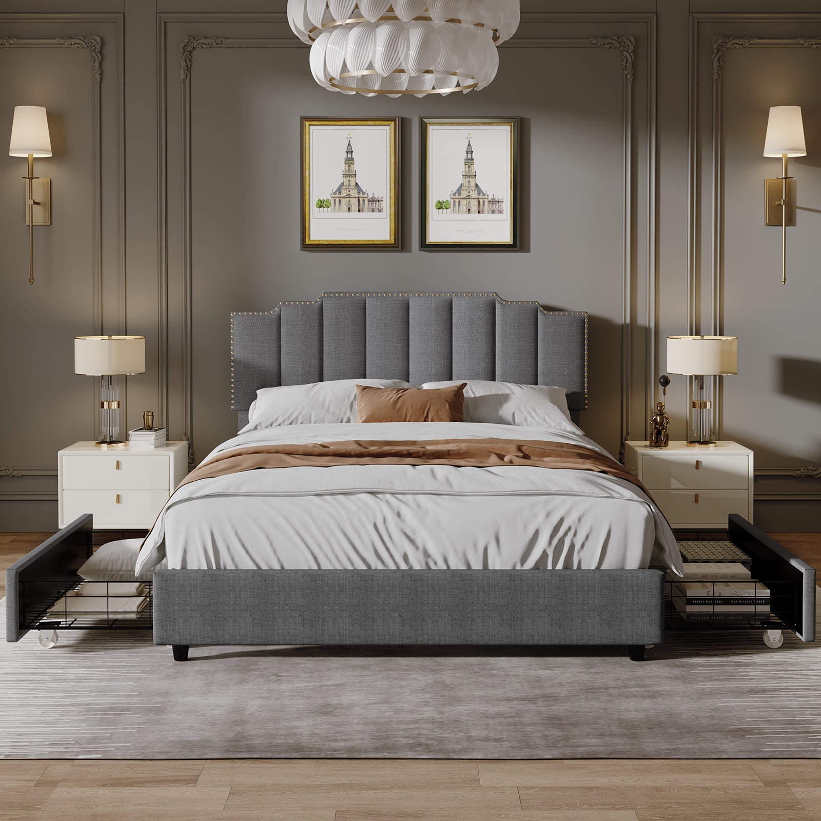 Euroco Upholstered Platform Bed with Soft Headboard, Queen Size, Gray