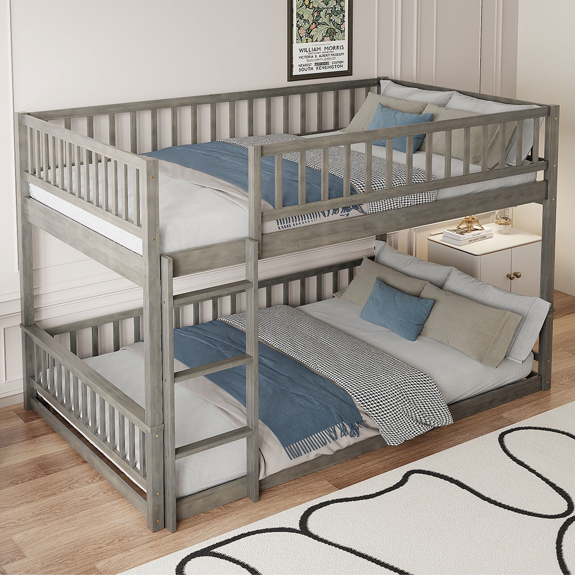 Euroco Wood Queen over Queen Bunk Bed with Ladder and Guardrails, Gray
