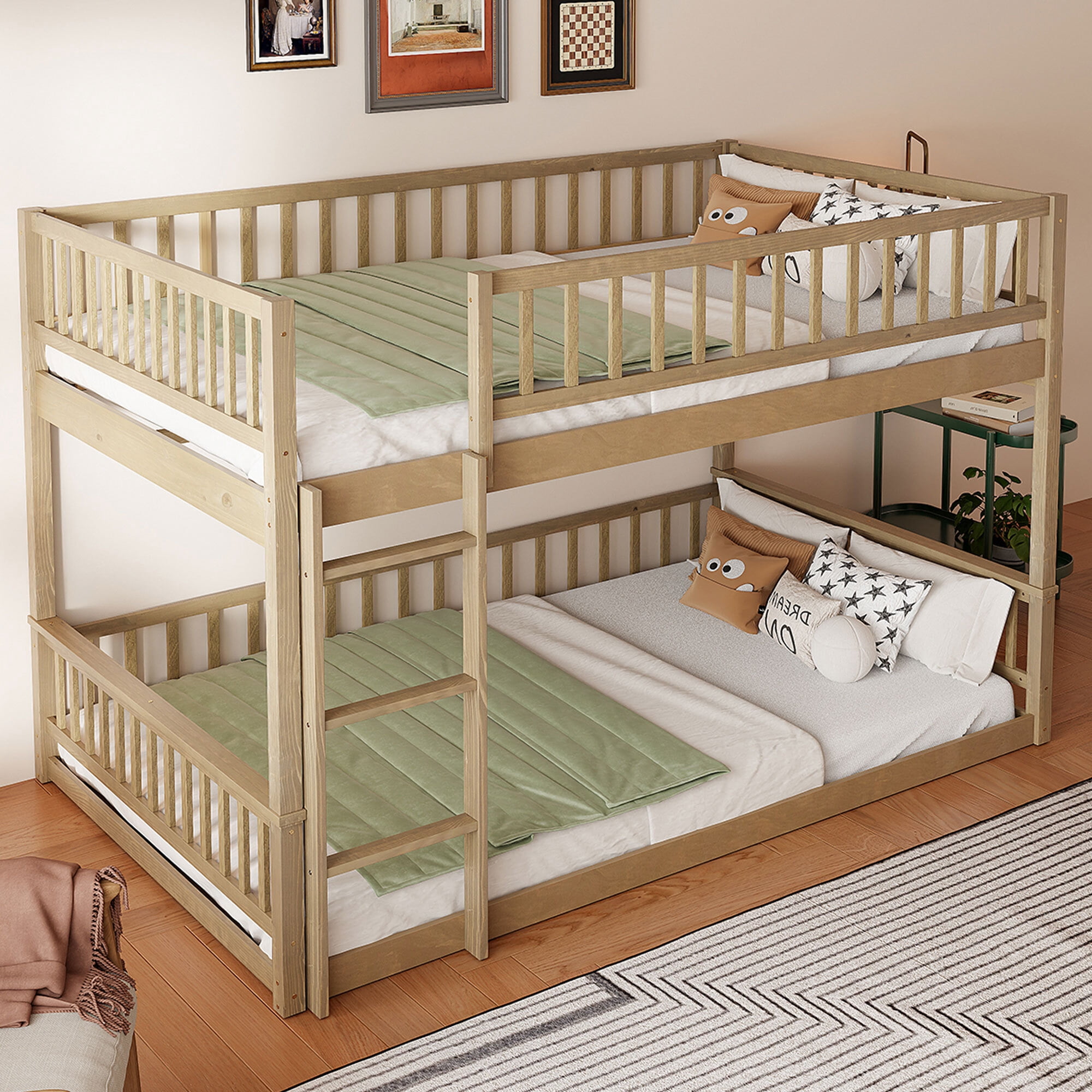 Euroco Wood Queen over Queen Bunk Bed with Ladder and Guardrails, Walnut