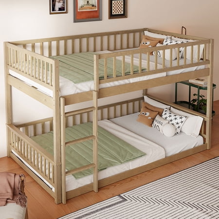 Euroco Wood Queen over Queen Bunk Bed with Ladder and Guardrails, Walnut