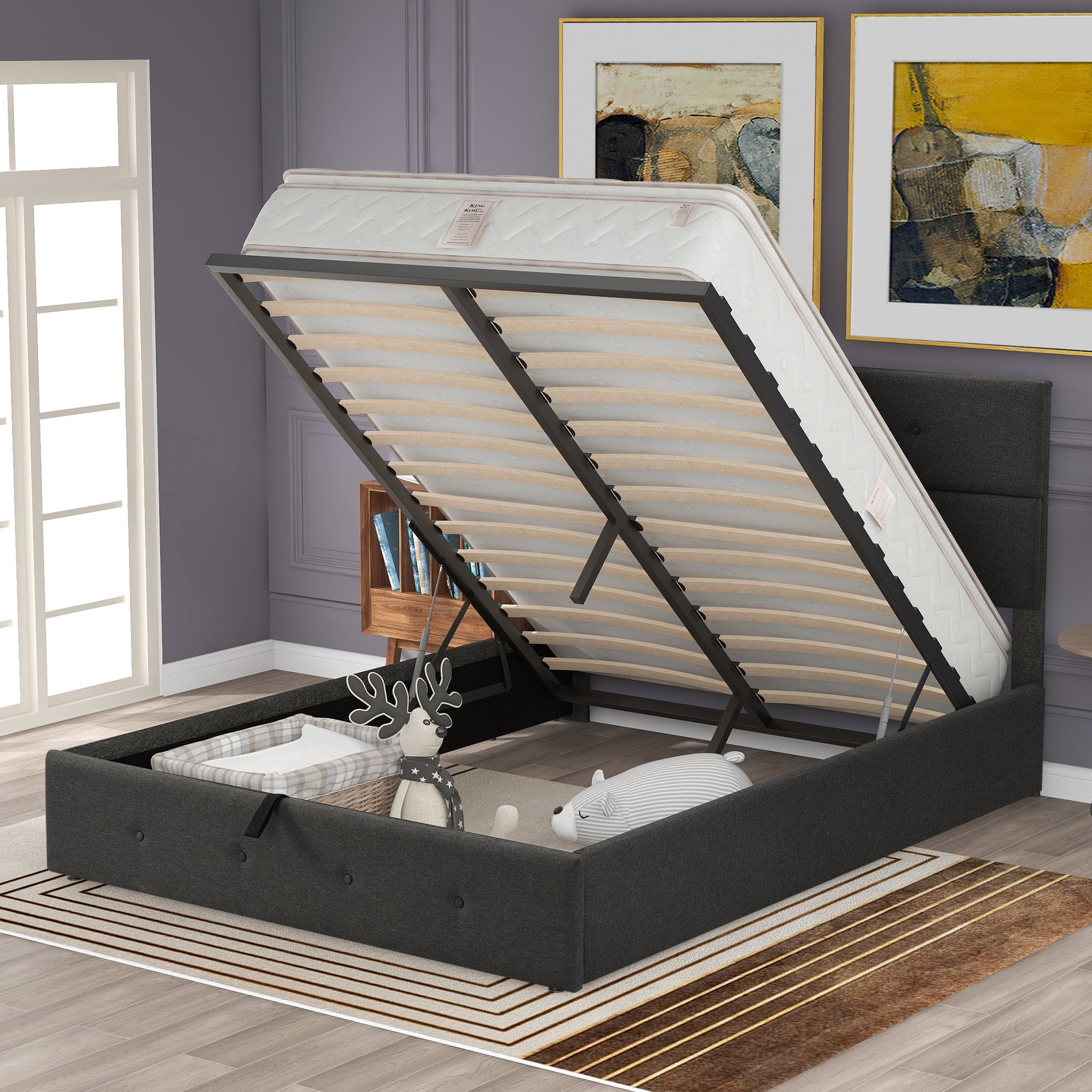 Euroco Upholstered Queen Bed, Lift Up Storage Platform Bed