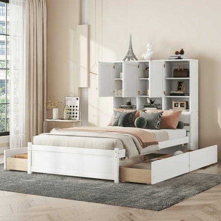 Euroco Wood Full Size Platform Bed Frame with Ample Storage Space, Bookcase and 4 Drawers for Kids, White