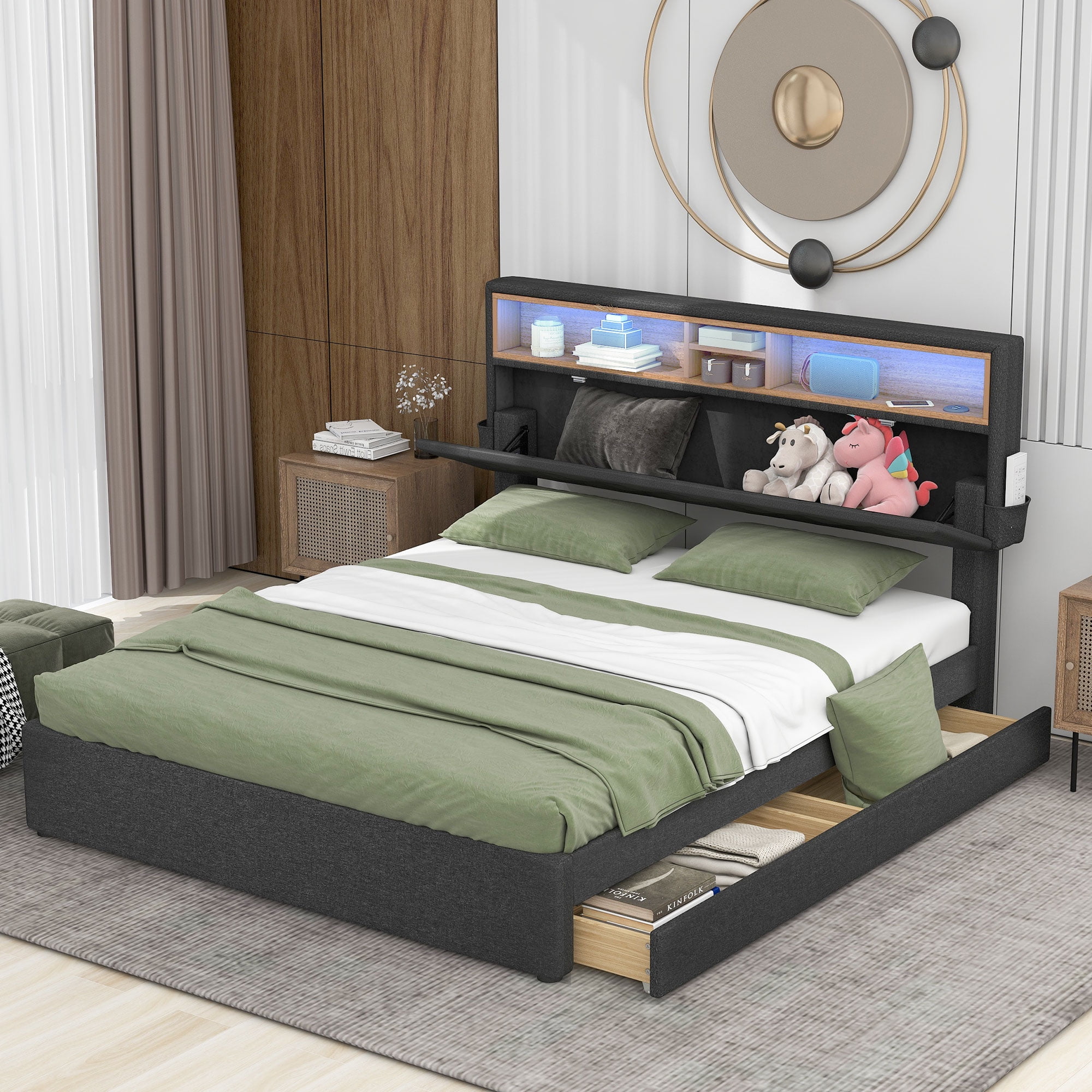 Euroco Adult Queen Modern Platform Bed with Storage Drawers, Gray
