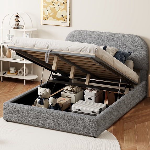 Euroco Upholstered Full Size Platform Bed with Hydraulic Storage System, Gray
