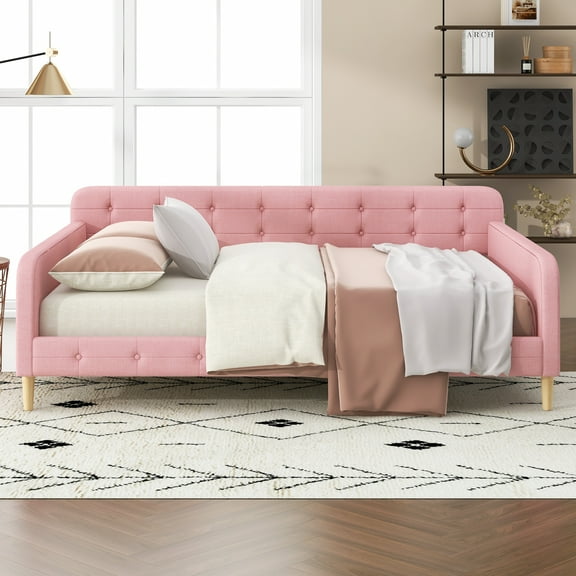 Euroco Upholstered Queen Size Daybed, Linen Sofa Bed, Pink