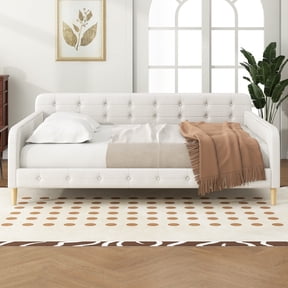 Euroco Upholstered Queen Size Daybed, Linen Sofa Bed, White