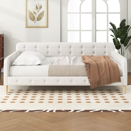 Euroco Upholstered Queen Size Daybed, Linen Sofa Bed, White
