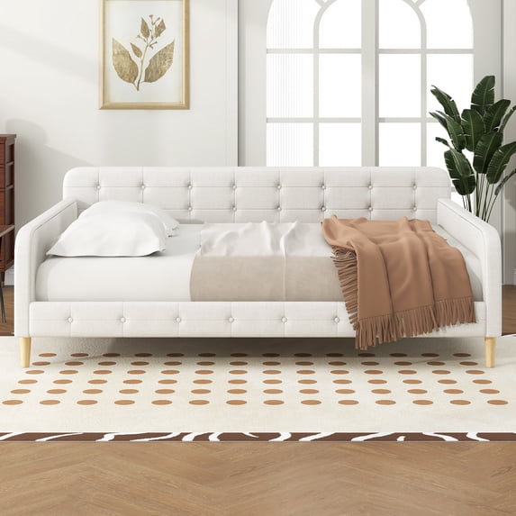Euroco Upholstered Queen Size Daybed, Linen Sofa Bed, White