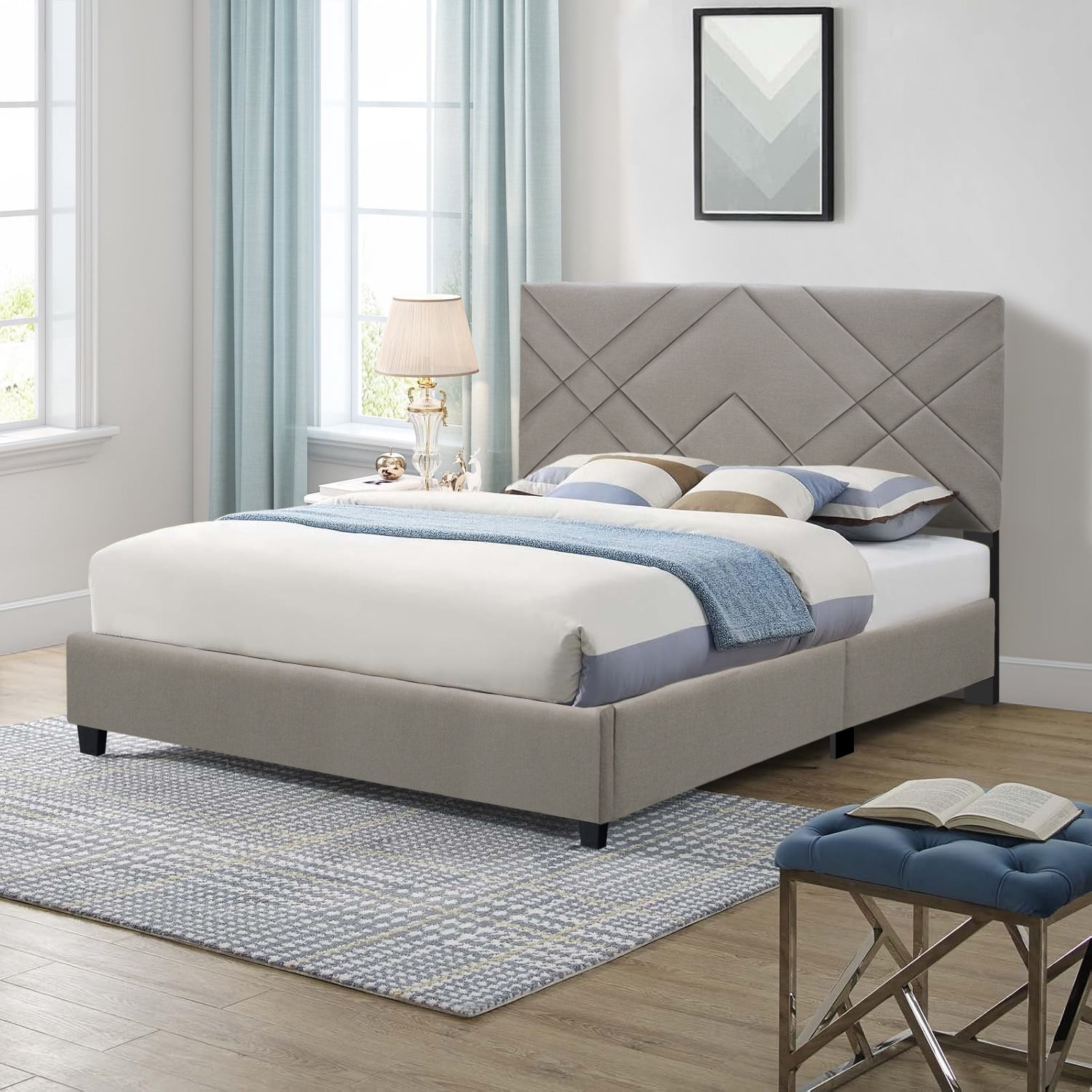 Euroco Upholstered Queen Size Platform Bed, Adjustable Headboard, Beige