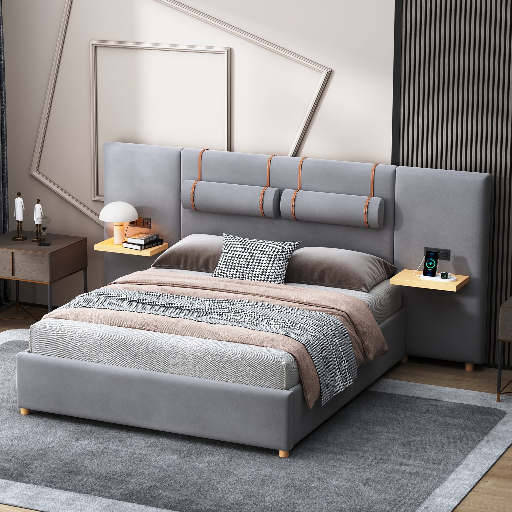 Euroco Upholstered Queen Size Platform Bed with Storage Shelves, USB Charging Station and Pillows, Gray