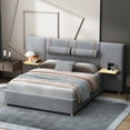 thumbnail image 1 of Euroco Upholstered Queen Size Platform Bed with Storage Shelves, USB Charging Station and Pillows, Gray, 1 of 12