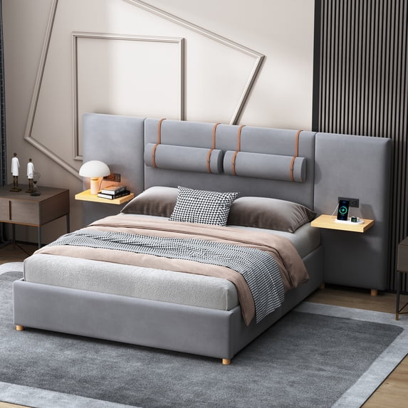 Euroco Upholstered Queen Size Platform Bed with Storage Shelves, USB Charging Station and Pillows, Gray