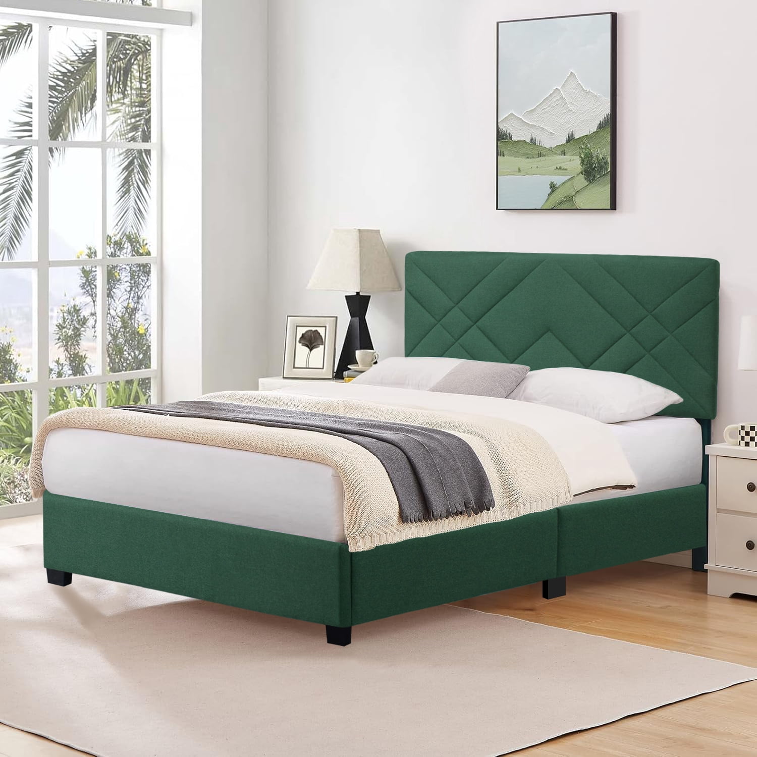 Euroco Upholstered Queen Size Platform Bed, Adjustable Headboard, Green