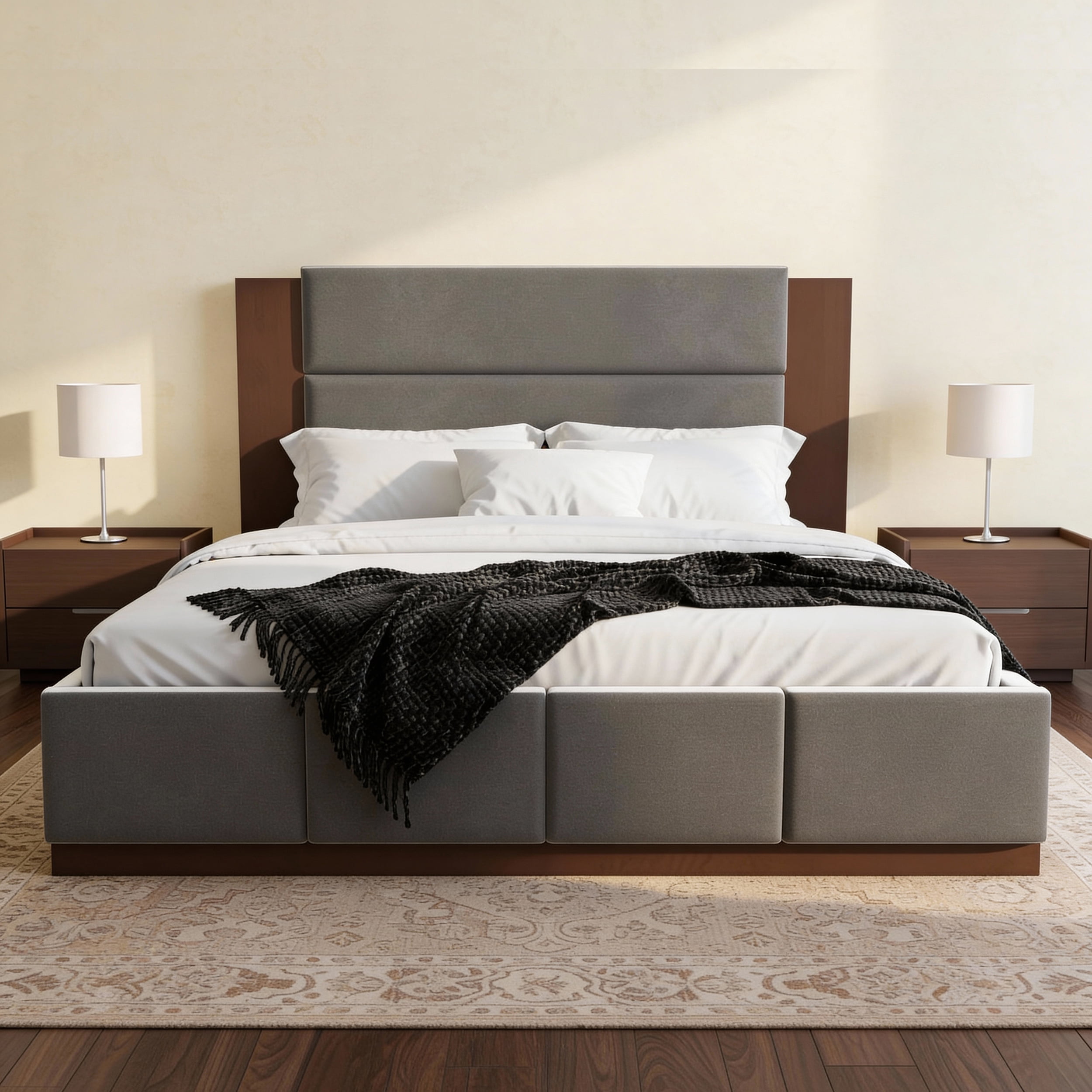 Euroco Upholstered Queen Size Platform Bed, Velvet Bed with High Wood Headboard, Grey
